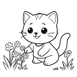 Baby cat picking small flowers in a garden, happy smiling face, simple grass and flower shapes, Kawaii baby cat, big round head, tiny body, short legs, small paws, simple cute pose matching activity, large round eyes, small black nose, cute smile, chubby cheeks, 3 small lines on forehead, simple whiskers, 
small ears with inner detail, smooth tail curved, wearing simple shirt, thick bold clean outline, same line weight, no color, no shading, no grayscale, no extra detail, large open spaces, simple background, 
kid friendly style, ages 3 to 6 --ar 2:3