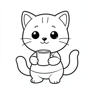 Baby cat holding a simple milk glass or cup, cute satisfied expression, Kawaii baby cat, big round head, tiny body, short legs, small paws, simple cute pose matching activity, large round eyes, small black nose, cute smile, chubby cheeks, 3 small lines on forehead, simple whiskers, 
small ears with inner detail, smooth tail curved, wearing simple shirt, thick bold clean outline, same line weight, no color, no shading, no grayscale, no extra detail, large open spaces, simple background, 
kid friendly style, ages 3 to 6 --ar 2:3