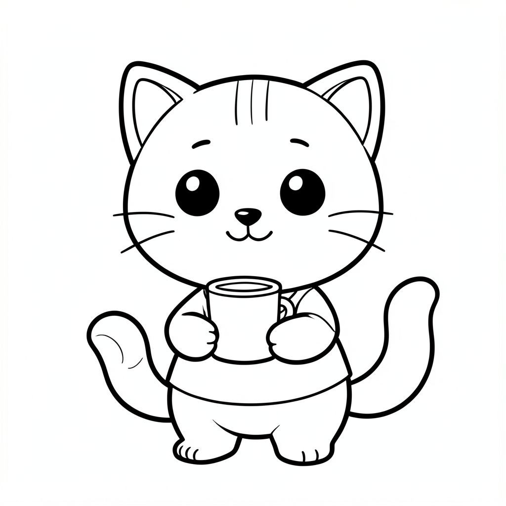 Baby cat holding a simple milk cup, happy expression, Kawaii baby cat, big round head, tiny body, short legs, small paws, simple cute pose matching activity, large round eyes, small black nose, cute smile, chubby cheeks, 3 small lines on forehead, simple whiskers, 
small ears with inner detail, smooth tail curved, wearing simple shirt, thick bold clean outline, same line weight, no color, no shading, no grayscale, no extra detail, large open spaces, simple background, 
kid friendly style, ages 3 to 6 --ar 2:3