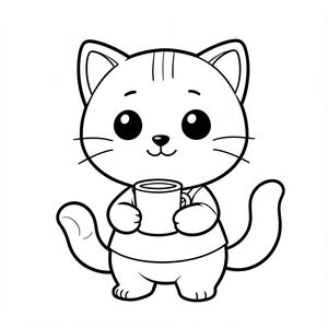 Baby cat holding a simple milk cup, happy expression, Kawaii baby cat, big round head, tiny body, short legs, small paws, simple cute pose matching activity, large round eyes, small black nose, cute smile, chubby cheeks, 3 small lines on forehead, simple whiskers, 
small ears with inner detail, smooth tail curved, wearing simple shirt, thick bold clean outline, same line weight, no color, no shading, no grayscale, no extra detail, large open spaces, simple background, 
kid friendly style, ages 3 to 6 --ar 2:3