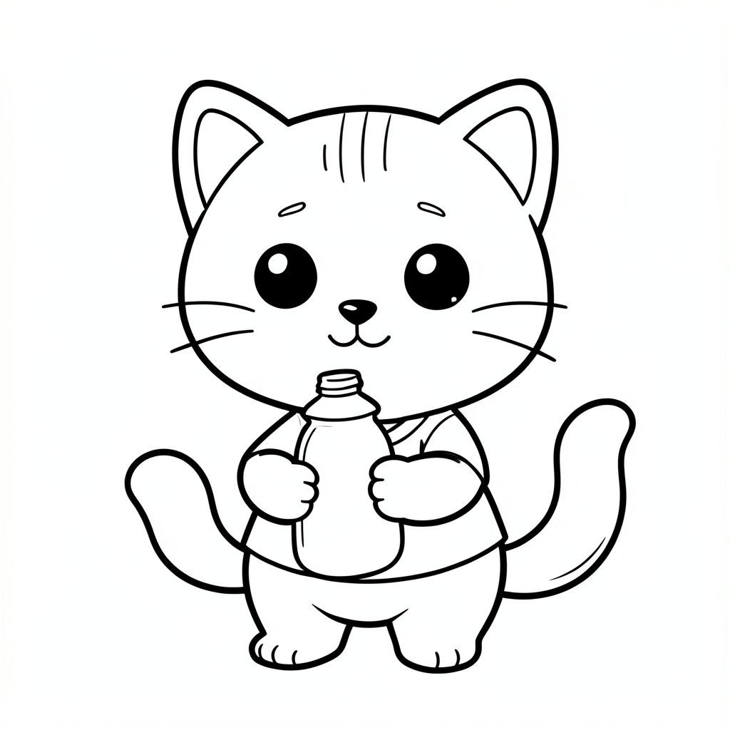 Baby cat holding a simple milk bottle, cute satisfied expression, Kawaii baby cat, big round head, tiny body, short legs, small paws, simple cute pose matching activity, large round eyes, small black nose, cute smile, chubby cheeks, 3 small lines on forehead, simple whiskers, 
small ears with inner detail, smooth tail curved, wearing simple shirt, thick bold clean outline, same line weight, no color, no shading, no grayscale, no extra detail, large open spaces, simple background, 
kid friendly style, ages 3 to 6 --ar 2:3