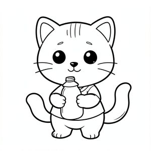 Baby cat holding a simple milk bottle, cute satisfied expression, Kawaii baby cat, big round head, tiny body, short legs, small paws, simple cute pose matching activity, large round eyes, small black nose, cute smile, chubby cheeks, 3 small lines on forehead, simple whiskers, 
small ears with inner detail, smooth tail curved, wearing simple shirt, thick bold clean outline, same line weight, no color, no shading, no grayscale, no extra detail, large open spaces, simple background, 
kid friendly style, ages 3 to 6 --ar 2:3