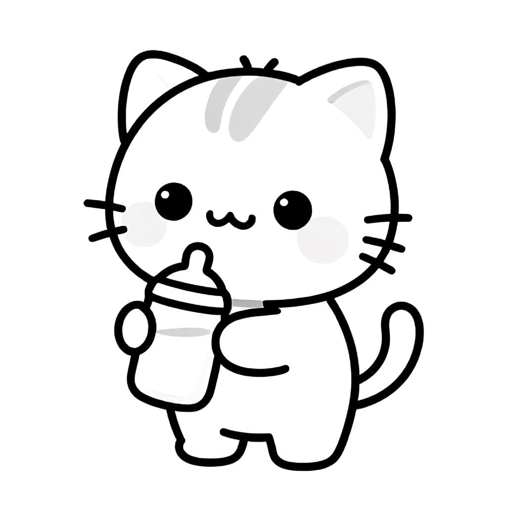 Baby cat holding a simple milk bottle, cute satisfied expression, having one tail only, Kawaii baby cat, big round head, tiny body, short legs, small paws, simple cute pose matching activity, large round eyes, small black nose, cute smile, chubby cheeks, 3 small lines on forehead, simple whiskers, small ears with inner detail, smooth tail curved,  wearing simple shirt, thick bold clean outline, same line weight, no color, no shading, no grayscale, no extra detail, large open spaces, simple background, kid friendly style, ages 3 to 6 --ar 2:3