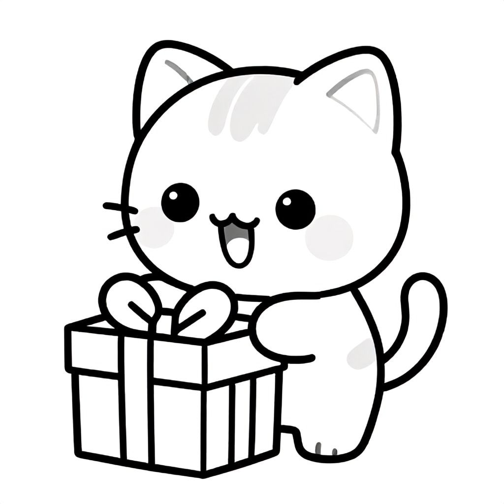 Baby cat opening a simple gift box with excitement, Kawaii baby cat, big round head, tiny body, short legs, small paws, simple cute pose matching activity, large round eyes, small black nose, cute smile, chubby cheeks, 3 small lines on forehead, simple whiskers, 
small ears with inner detail, smooth tail curved, wearing simple shirt, thick bold clean outline, same line weight, no color, no shading, no grayscale, no extra detail, large open spaces, simple background, 
kid friendly style, ages 3 to 6 --ar 2:3
