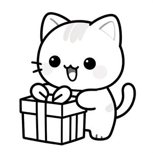Baby cat opening a simple gift box with excitement, Kawaii baby cat, big round head, tiny body, short legs, small paws, simple cute pose matching activity, large round eyes, small black nose, cute smile, chubby cheeks, 3 small lines on forehead, simple whiskers, 
small ears with inner detail, smooth tail curved, wearing simple shirt, thick bold clean outline, same line weight, no color, no shading, no grayscale, no extra detail, large open spaces, simple background, 
kid friendly style, ages 3 to 6 --ar 2:3