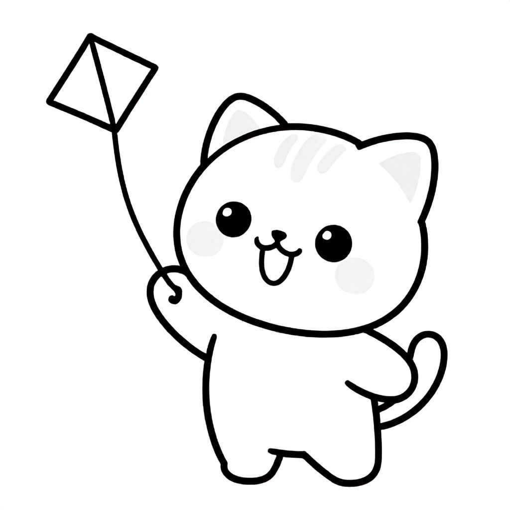 Baby cat holding a simple kite string reel, looking up happily, Kawaii baby cat, big round head, tiny body, short legs, small paws, simple cute pose matching activity, large round eyes, small black nose, cute smile, chubby cheeks, 3 small lines on forehead, simple whiskers, 
small ears with inner detail, smooth tail curved, wearing simple shirt, thick bold clean outline, same line weight, no color, no shading, no grayscale, no extra detail, large open spaces, simple background, 
kid friendly style, ages 3 to 6 --ar 2:3
