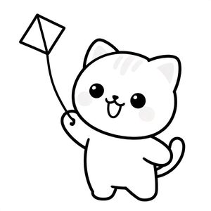Baby cat holding a simple kite string reel, looking up happily, Kawaii baby cat, big round head, tiny body, short legs, small paws, simple cute pose matching activity, large round eyes, small black nose, cute smile, chubby cheeks, 3 small lines on forehead, simple whiskers, 
small ears with inner detail, smooth tail curved, wearing simple shirt, thick bold clean outline, same line weight, no color, no shading, no grayscale, no extra detail, large open spaces, simple background, 
kid friendly style, ages 3 to 6 --ar 2:3
