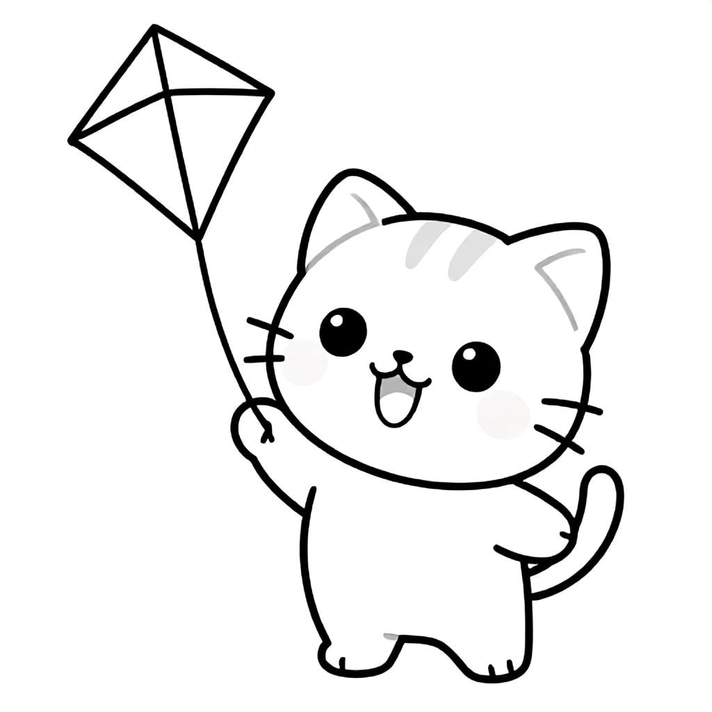 Baby cat holding a simple kite string reel, looking up happily towards kite, Kawaii baby cat, big round head, tiny body, short legs, small paws, simple cute pose matching activity, large round eyes, small black nose, cute smile, chubby cheeks, 3 small lines on forehead, simple whiskers, 
small ears with inner detail, smooth tail curved, wearing simple shirt, thick bold clean outline, same line weight, no color, no shading, no grayscale, no extra detail, large open spaces, simple background, 
kid friendly style, ages 3 to 6 --ar 2:3
