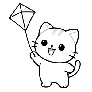 Baby cat holding a simple kite string reel, looking up happily towards kite, Kawaii baby cat, big round head, tiny body, short legs, small paws, simple cute pose matching activity, large round eyes, small black nose, cute smile, chubby cheeks, 3 small lines on forehead, simple whiskers, 
small ears with inner detail, smooth tail curved, wearing simple shirt, thick bold clean outline, same line weight, no color, no shading, no grayscale, no extra detail, large open spaces, simple background, 
kid friendly style, ages 3 to 6 --ar 2:3
