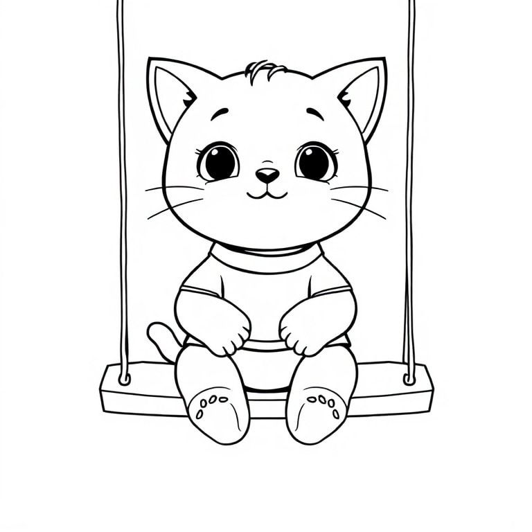 Baby cat sitting on a simple swing, Kawaii baby cat, big round head, tiny body, short legs, small paws, simple cute pose matching activity, large round eyes, small black nose, cute smile, chubby cheeks, 3 small lines on forehead, simple whiskers, 
small ears with inner detail, smooth tail curved, wearing simple shirt, thick bold clean outline, same line weight, no color, no shading, no grayscale, no extra detail, large open spaces, simple background, 
kid friendly style, ages 3 to 6 --ar 2:3
