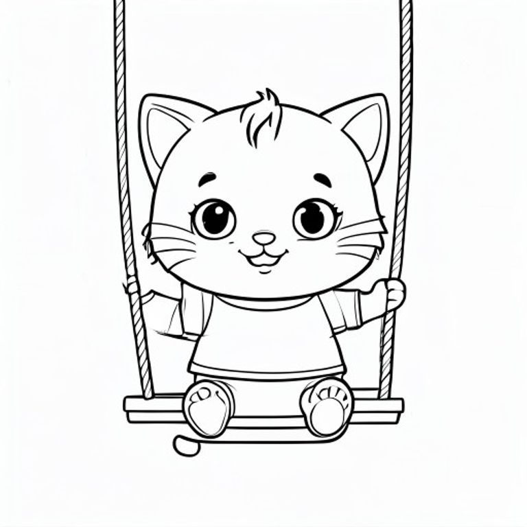 Baby cat sitting on a simple swing, gentle happy expression, Kawaii baby cat, big round head, tiny body, short legs, small paws, simple cute pose matching activity, large round eyes, small black nose, cute smile, chubby cheeks, 3 small lines on forehead, simple whiskers, 
small ears with inner detail, smooth tail curved, wearing simple shirt, thick bold clean outline, same line weight, no color, no shading, no grayscale, no extra detail, large open spaces, simple background, 
kid friendly style, ages 3 to 6 --ar 2:3
