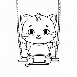 Baby cat sitting on a simple swing, gentle happy expression, Kawaii baby cat, big round head, tiny body, short legs, small paws, simple cute pose matching activity, large round eyes, small black nose, cute smile, chubby cheeks, 3 small lines on forehead, simple whiskers, 
small ears with inner detail, smooth tail curved, wearing simple shirt, thick bold clean outline, same line weight, no color, no shading, no grayscale, no extra detail, large open spaces, simple background, 
kid friendly style, ages 3 to 6 --ar 2:3
