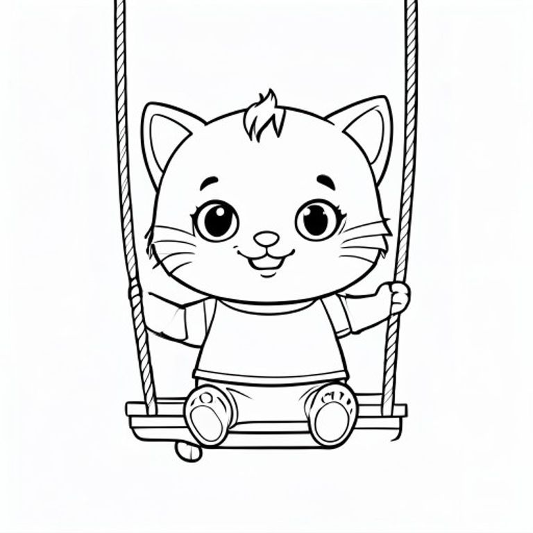Baby cat sitting on a simple swing, happy expression, Kawaii baby cat, big round head, tiny body, short legs, small paws, simple cute pose matching activity, large round eyes, small black nose, cute smile, chubby cheeks, 3 small lines on forehead, simple whiskers, 
small ears with inner detail, smooth tail curved, wearing simple shirt, thick bold clean outline, same line weight, no color, no shading, no grayscale, no extra detail, large open spaces, simple background, 
kid friendly style, ages 3 to 6 --ar 2:3
