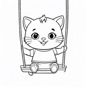 Baby cat sitting on a simple swing, happy expression, Kawaii baby cat, big round head, tiny body, short legs, small paws, simple cute pose matching activity, large round eyes, small black nose, cute smile, chubby cheeks, 3 small lines on forehead, simple whiskers, 
small ears with inner detail, smooth tail curved, wearing simple shirt, thick bold clean outline, same line weight, no color, no shading, no grayscale, no extra detail, large open spaces, simple background, 
kid friendly style, ages 3 to 6 --ar 2:3
