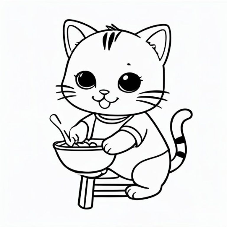 Baby cat standing on stool mixing something in a bowl, cute focused expression, Kawaii baby cat, big round head, tiny body, short legs, small paws, simple cute pose matching activity, large round eyes, small black nose, cute smile, chubby cheeks, 3 small lines on forehead, simple whiskers, 
small ears with inner detail, smooth tail curved, wearing simple shirt, thick bold clean outline, same line weight, no color, no shading, no grayscale, no extra detail, large open spaces, simple background, 
kid friendly style, ages 3 to 6 --ar 2:3
