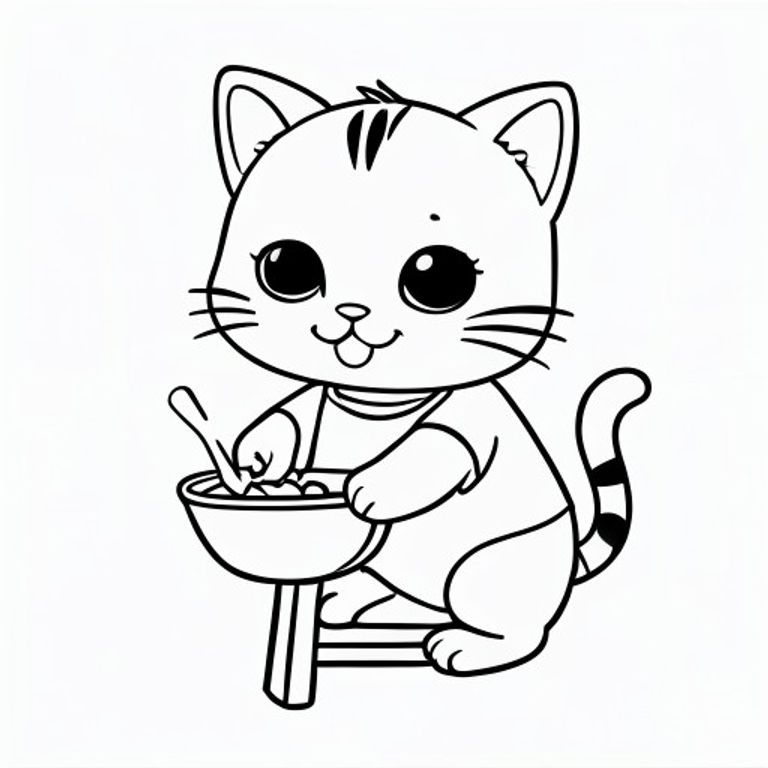 Baby cat standing on stool mixing something in a bowl, cute focused expression, Kawaii baby cat, big round head, tiny body, short legs, small paws, simple cute pose matching activity, large round eyes, small black nose, cute smile, chubby cheeks, 3 small lines on forehead, simple whiskers, small ears with inner detail, smooth tail curved, wearing simple shirt,  thick bold clean outline, same line weight, no color, no shading, no grayscale, no extra detail, large open spaces, simple background, kid friendly style, ages 3 to 6 --ar 2:3