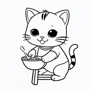 Baby cat standing on stool mixing something in a bowl, cute focused expression, Kawaii baby cat, big round head, tiny body, short legs, small paws, simple cute pose matching activity, large round eyes, small black nose, cute smile, chubby cheeks, 3 small lines on forehead, simple whiskers, small ears with inner detail, smooth tail curved, wearing simple shirt,  thick bold clean outline, same line weight, no color, no shading, no grayscale, no extra detail, large open spaces, simple background, kid friendly style, ages 3 to 6 --ar 2:3