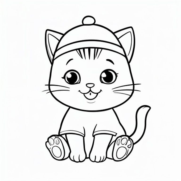 Baby cat wearing a simple cute hat, smiling proudly, Kawaii baby cat, big round head, tiny body, short legs, small paws, simple cute pose matching activity, large round eyes, small black nose, cute smile, chubby cheeks, 3 small lines on forehead, simple whiskers, 
small ears with inner detail, smooth tail curved, wearing simple shirt, thick bold clean outline, same line weight, no color, no shading, no grayscale, no extra detail, large open spaces, simple background, 
kid friendly style, ages 3 to 6 --ar 2:3