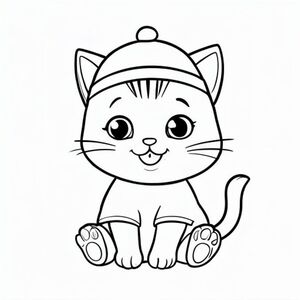 Baby cat wearing a simple cute hat, smiling proudly, Kawaii baby cat, big round head, tiny body, short legs, small paws, simple cute pose matching activity, large round eyes, small black nose, cute smile, chubby cheeks, 3 small lines on forehead, simple whiskers, 
small ears with inner detail, smooth tail curved, wearing simple shirt, thick bold clean outline, same line weight, no color, no shading, no grayscale, no extra detail, large open spaces, simple background, 
kid friendly style, ages 3 to 6 --ar 2:3