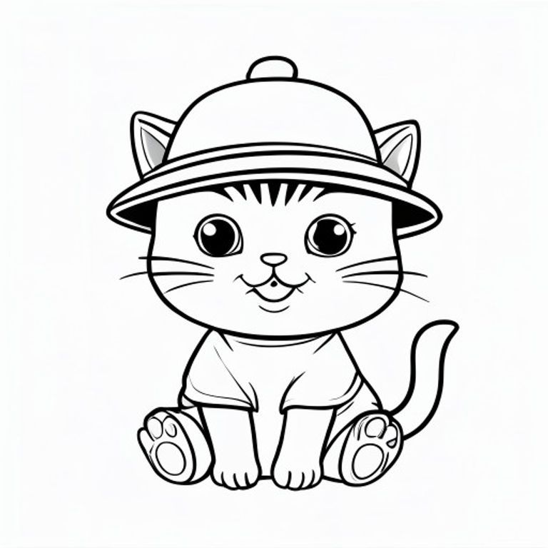 Baby cat wearing a simple cute hat, bucket hat, smiling proudly, Kawaii baby cat, big round head, tiny body, short legs, small paws, simple cute pose matching activity, large round eyes, small black nose, cute smile, chubby cheeks, 3 small lines on forehead, simple whiskers, small ears with inner detail, smooth tail curved, wearing simple shirt,  thick bold clean outline, same line weight, no color, no shading, no grayscale, no extra detail, large open spaces, simple background, kid friendly style, ages 3 to 6 --ar 2:3