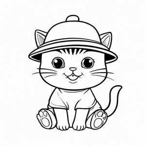 Baby cat wearing a simple cute hat, bucket hat, smiling proudly, Kawaii baby cat, big round head, tiny body, short legs, small paws, simple cute pose matching activity, large round eyes, small black nose, cute smile, chubby cheeks, 3 small lines on forehead, simple whiskers, small ears with inner detail, smooth tail curved, wearing simple shirt,  thick bold clean outline, same line weight, no color, no shading, no grayscale, no extra detail, large open spaces, simple background, kid friendly style, ages 3 to 6 --ar 2:3