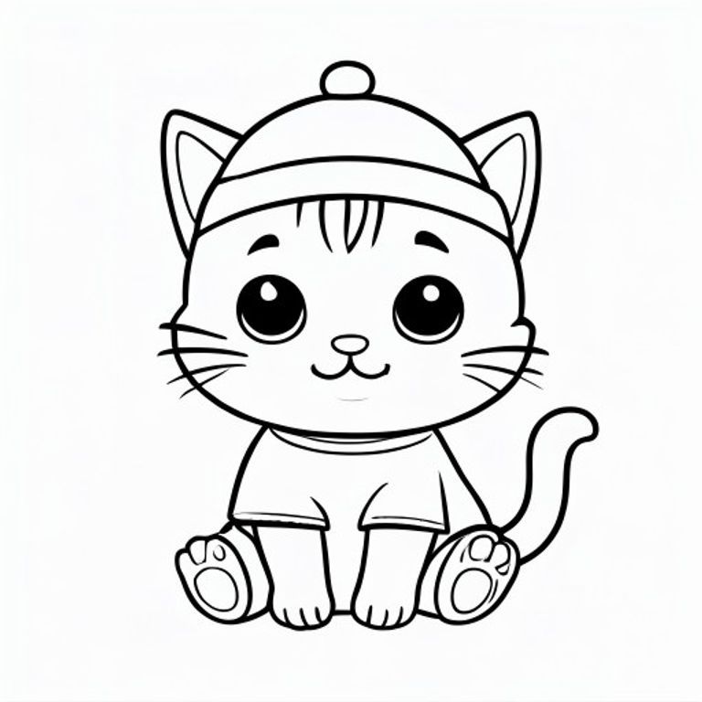 Baby cat wearing a simple cute hat, Kawaii baby cat, big round head, tiny body, short legs, small paws, simple cute pose matching activity, large round eyes, small black nose, cute smile, chubby cheeks, 3 small lines on forehead, simple whiskers, 
small ears with inner detail, smooth tail curved, wearing simple shirt, thick bold clean outline, same line weight, no color, no shading, no grayscale, no extra detail, large open spaces, simple background, 
kid friendly style, ages 3 to 6 --ar 2:3