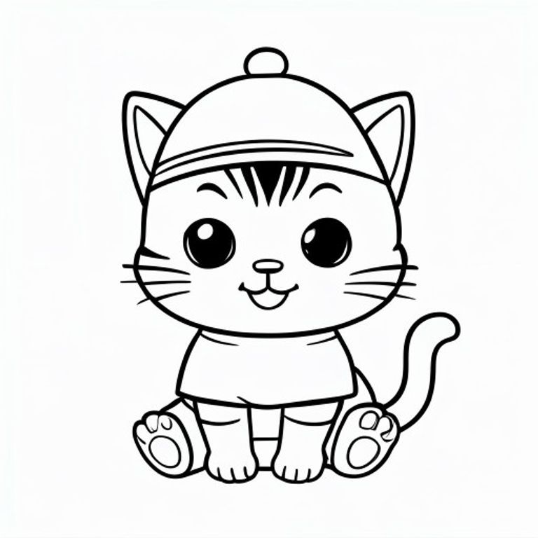 Baby cat wearing a simple cute hat, hedora hat, ears should not be visbile, happy expression, Kawaii baby cat, big round head, tiny body, short legs, small paws, simple cute pose matching activity, large round eyes, small black nose, cute smile, chubby cheeks, 3 small lines on forehead, simple whiskers, small ears with inner detail, smooth tail curved,  wearing simple shirt, thick bold clean outline, same line weight, no color, no shading, no grayscale, no extra detail, large open spaces, simple background, kid friendly style, ages 3 to 6 --ar 2:3