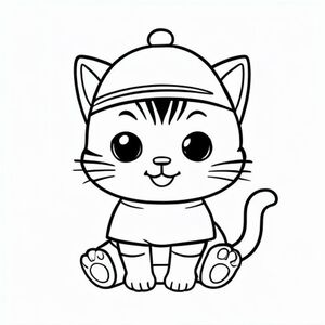 Baby cat wearing a simple cute hat, hedora hat, ears should not be visbile, happy expression, Kawaii baby cat, big round head, tiny body, short legs, small paws, simple cute pose matching activity, large round eyes, small black nose, cute smile, chubby cheeks, 3 small lines on forehead, simple whiskers, small ears with inner detail, smooth tail curved,  wearing simple shirt, thick bold clean outline, same line weight, no color, no shading, no grayscale, no extra detail, large open spaces, simple background, kid friendly style, ages 3 to 6 --ar 2:3