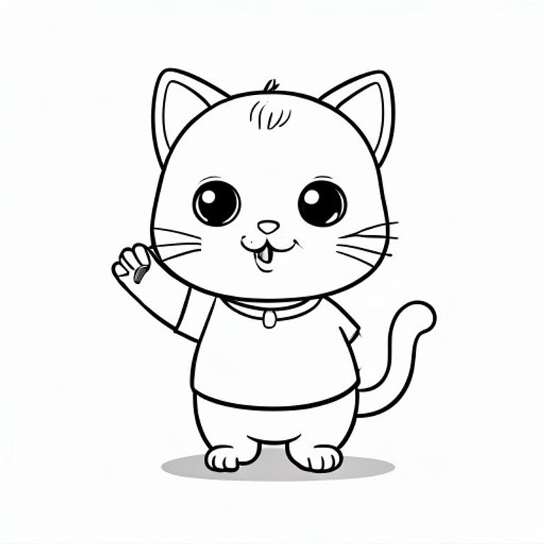 Baby cat standing and waving hand happily, simple friendly pose, Kawaii baby cat, big round head, tiny body, short legs, small paws, simple cute pose matching activity, large round eyes, small black nose, cute smile, chubby cheeks, 3 small lines on forehead, simple whiskers, 
small ears with inner detail, smooth tail curved, wearing simple shirt, thick bold clean outline, same line weight, no color, no shading, no grayscale, no extra detail, large open spaces, simple background, 
kid friendly style, ages 3 to 6 --ar 2:3