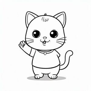 Baby cat standing and waving hand happily, simple friendly pose, Kawaii baby cat, big round head, tiny body, short legs, small paws, simple cute pose matching activity, large round eyes, small black nose, cute smile, chubby cheeks, 3 small lines on forehead, simple whiskers, 
small ears with inner detail, smooth tail curved, wearing simple shirt, thick bold clean outline, same line weight, no color, no shading, no grayscale, no extra detail, large open spaces, simple background, 
kid friendly style, ages 3 to 6 --ar 2:3