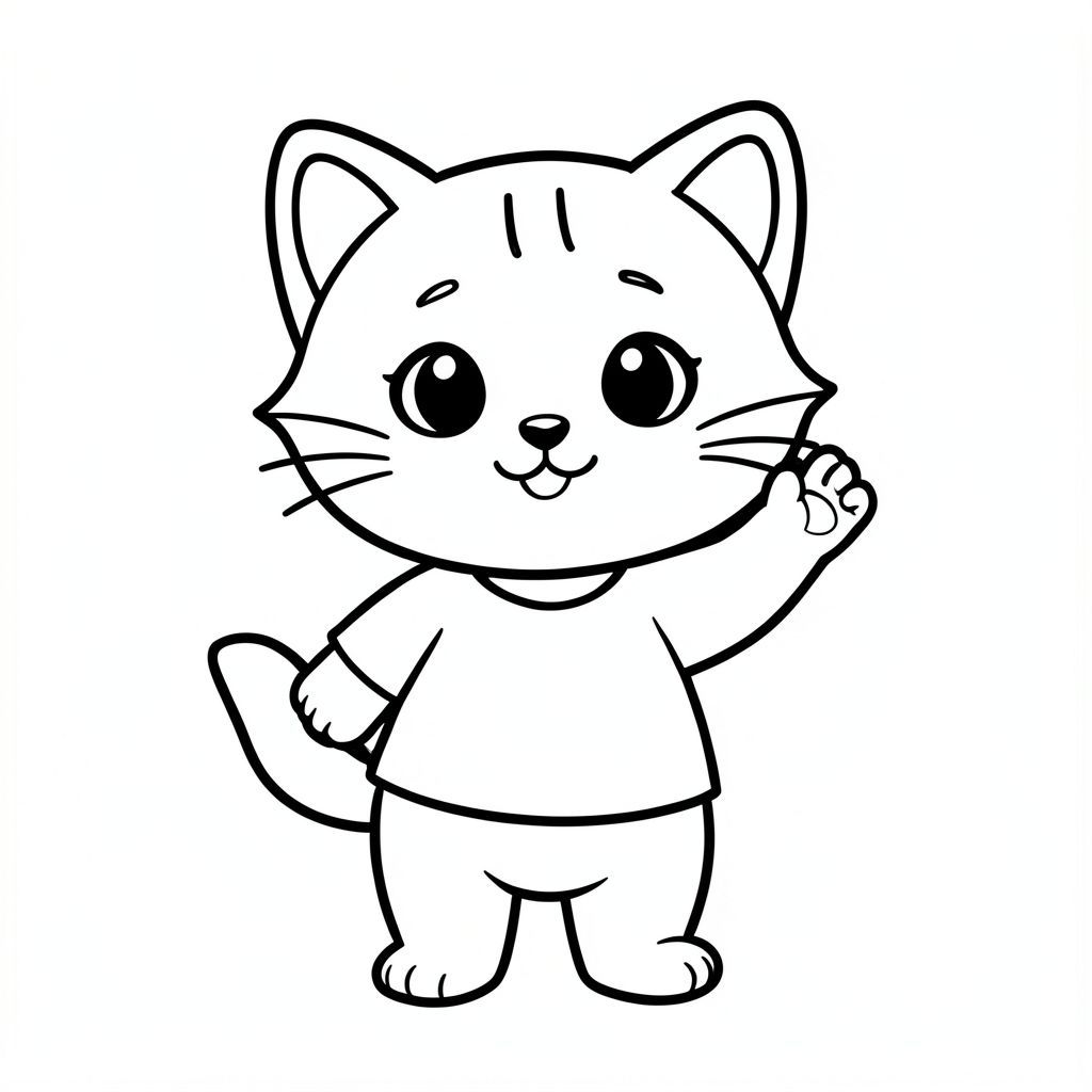 Baby cat standing and waving hand happily, Kawaii baby cat, big round head, tiny body, short legs, small paws, simple cute pose matching activity, large round eyes, small black nose, cute smile, chubby cheeks, 3 small lines on forehead, simple whiskers, 
small ears with inner detail, smooth tail curved, wearing simple shirt, thick bold clean outline, same line weight, no color, no shading, no grayscale, no extra detail, large open spaces, simple background, 
kid friendly style, ages 3 to 6 --ar 2:3