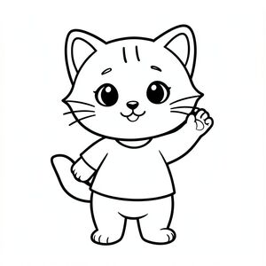 Baby cat standing and waving hand happily, Kawaii baby cat, big round head, tiny body, short legs, small paws, simple cute pose matching activity, large round eyes, small black nose, cute smile, chubby cheeks, 3 small lines on forehead, simple whiskers, 
small ears with inner detail, smooth tail curved, wearing simple shirt, thick bold clean outline, same line weight, no color, no shading, no grayscale, no extra detail, large open spaces, simple background, 
kid friendly style, ages 3 to 6 --ar 2:3