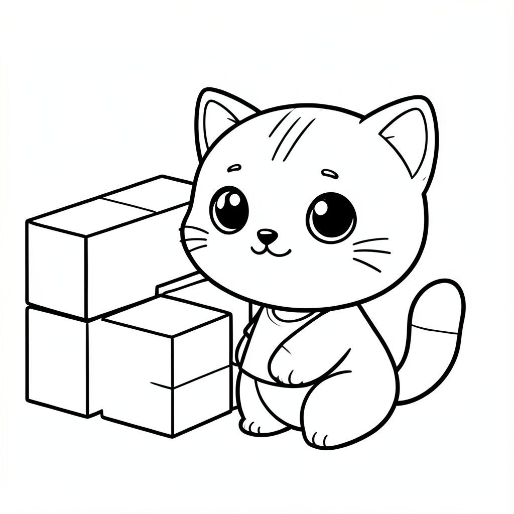 Kawaii baby cat stacking simple building blocks, half contructed wall corner, Kawaii baby cat, big round head, tiny body, short legs, small paws, simple cute pose matching activity, large round eyes, small black nose, cute smile, chubby cheeks, 3 small lines on forehead, simple whiskers, small ears with inner detail, smooth tail curved, wearing simple shirt,  thick bold clean outline, same line weight, no color, no shading, no grayscale, no extra detail, large open spaces, simple background, kid friendly style, ages 3 to 6 --ar 2:3