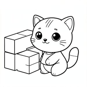Kawaii baby cat stacking simple building blocks, half contructed wall corner, Kawaii baby cat, big round head, tiny body, short legs, small paws, simple cute pose matching activity, large round eyes, small black nose, cute smile, chubby cheeks, 3 small lines on forehead, simple whiskers, small ears with inner detail, smooth tail curved, wearing simple shirt,  thick bold clean outline, same line weight, no color, no shading, no grayscale, no extra detail, large open spaces, simple background, kid friendly style, ages 3 to 6 --ar 2:3