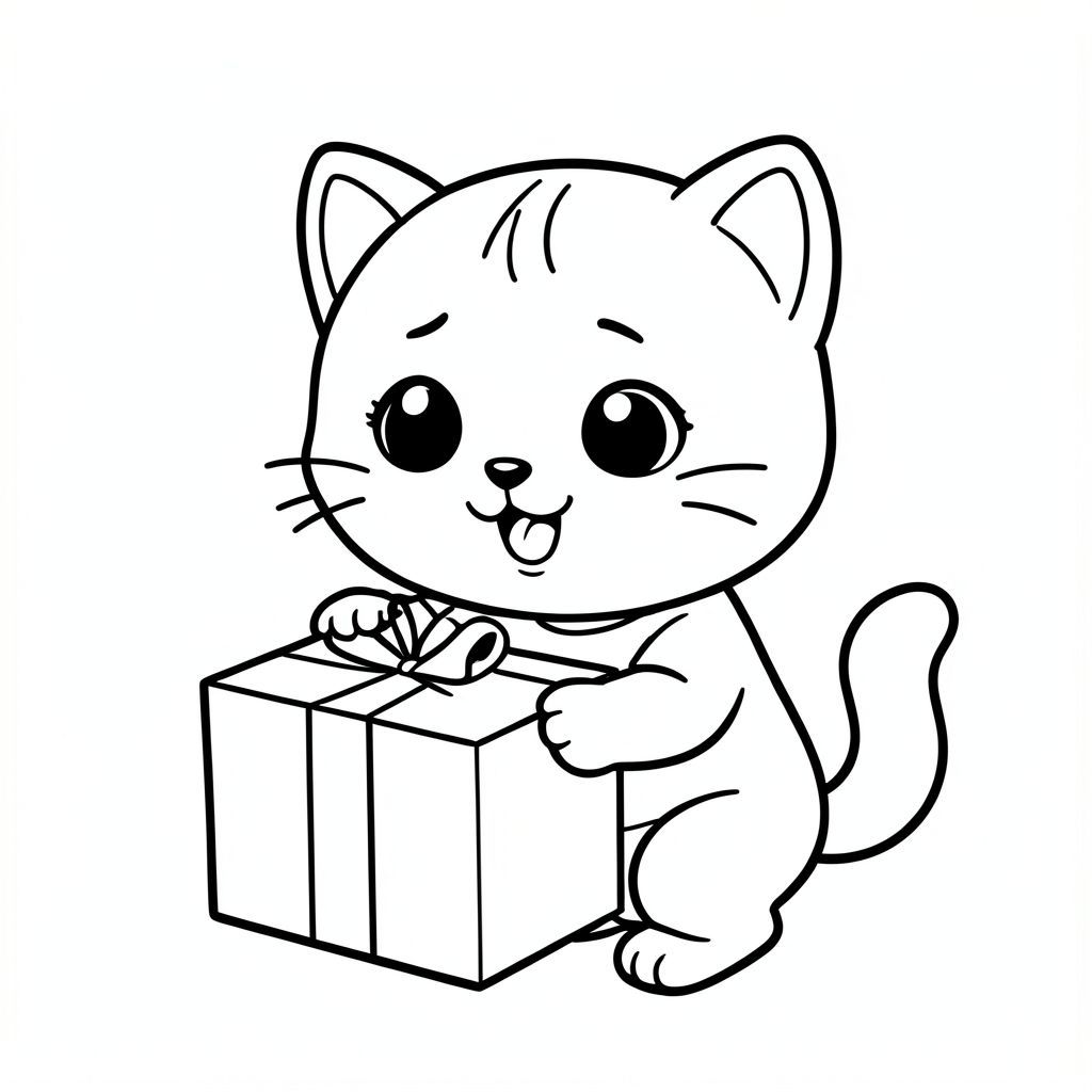 Baby cat opening a simple gift box, excitment expression, Kawaii baby cat, big round head, tiny body, short legs, small paws, simple cute pose matching activity, large round eyes, small black nose, cute smile, chubby cheeks, 3 small lines on forehead, simple whiskers, 
small ears with inner detail, smooth tail curved, wearing simple shirt, thick bold clean outline, same line weight, no color, no shading, no grayscale, no extra detail, large open spaces, simple background, 
kid friendly style, ages 3 to 6 --ar 2:3