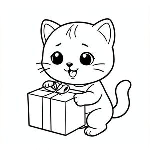 Baby cat opening a simple gift box, excitment expression, Kawaii baby cat, big round head, tiny body, short legs, small paws, simple cute pose matching activity, large round eyes, small black nose, cute smile, chubby cheeks, 3 small lines on forehead, simple whiskers, 
small ears with inner detail, smooth tail curved, wearing simple shirt, thick bold clean outline, same line weight, no color, no shading, no grayscale, no extra detail, large open spaces, simple background, 
kid friendly style, ages 3 to 6 --ar 2:3