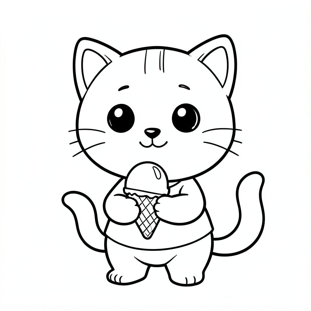 Baby cat holding ice cream, happy expression, Kawaii baby cat, big round head, tiny body, short legs, small paws, simple cute pose matching activity, large round eyes, small black nose, cute smile, chubby cheeks, 3 small lines on forehead, simple whiskers, 
small ears with inner detail, smooth tail curved, wearing simple shirt, thick bold clean outline, same line weight, no color, no shading, no grayscale, no extra detail, large open spaces, simple background, 
kid friendly style, ages 3 to 6 --ar 2:3