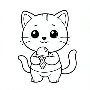 Baby cat holding ice cream, happy expression, Kawaii baby cat, big round head, tiny body, short legs, small paws, simple cute pose matching activity, large round eyes, small black nose, cute smile, chubby cheeks, 3 small lines on forehead, simple whiskers, 
small ears with inner detail, smooth tail curved, wearing simple shirt, thick bold clean outline, same line weight, no color, no shading, no grayscale, no extra detail, large open spaces, simple background, 
kid friendly style, ages 3 to 6 --ar 2:3