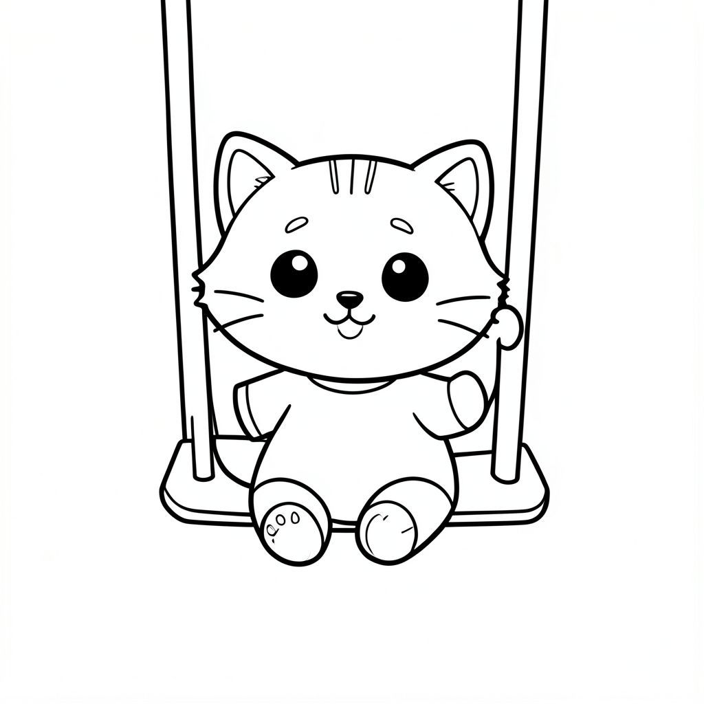 Baby cat sitting on a simple swing, happy expression, Kawaii baby cat, big round head, tiny body, short legs, small paws, simple cute pose matching activity, large round eyes, small black nose, cute smile, chubby cheeks, 3 small lines on forehead, simple whiskers, 
small ears with inner detail, smooth tail curved, wearing simple shirt, thick bold clean outline, same line weight, no color, no shading, no grayscale, no extra detail, large open spaces, simple background, 
kid friendly style, ages 3 to 6 --ar 2:3