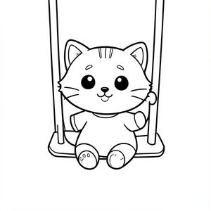 Baby cat sitting on a simple swing, happy expression, Kawaii baby cat, big round head, tiny body, short legs, small paws, simple cute pose matching activity, large round eyes, small black nose, cute smile, chubby cheeks, 3 small lines on forehead, simple whiskers, 
small ears with inner detail, smooth tail curved, wearing simple shirt, thick bold clean outline, same line weight, no color, no shading, no grayscale, no extra detail, large open spaces, simple background, 
kid friendly style, ages 3 to 6 --ar 2:3