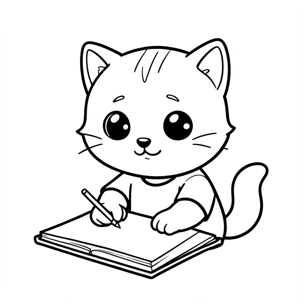 Kawaii baby cat sitting and writing in a simple notebook, focused cute expression, Kawaii baby cat, big round head, tiny body, short legs, small paws, simple cute pose matching activity, large round eyes, small black nose, cute smile, chubby cheeks, 3 small lines on forehead, simple whiskers, 
small ears with inner detail, smooth tail curved, wearing simple shirt, thick bold clean outline, same line weight, no color, no shading, no grayscale, no extra detail, large open spaces, simple background, 
kid friendly style, ages 3 to 6 --ar 2:3