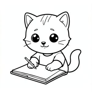 Kawaii baby cat sitting and writing in a simple notebook, focused cute expression, Kawaii baby cat, big round head, tiny body, short legs, small paws, simple cute pose matching activity, large round eyes, small black nose, cute smile, chubby cheeks, 3 small lines on forehead, simple whiskers, 
small ears with inner detail, smooth tail curved, wearing simple shirt, thick bold clean outline, same line weight, no color, no shading, no grayscale, no extra detail, large open spaces, simple background, 
kid friendly style, ages 3 to 6 --ar 2:3