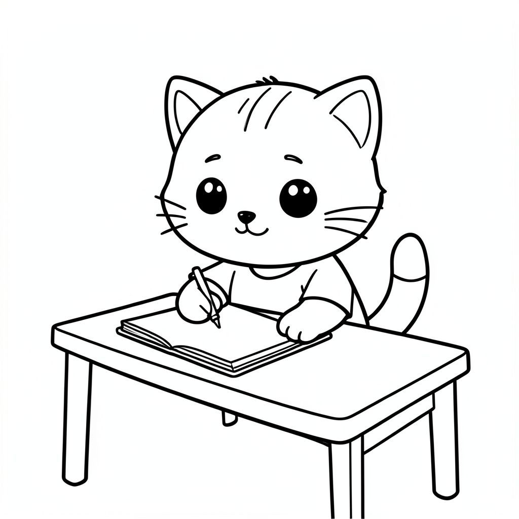 Kawaii baby cat sitting on study table and writing in a simple notebook, focused cute expression, Kawaii baby cat, big round head, tiny body, short legs, small paws, simple cute pose matching activity, large round eyes, small black nose, cute smile, chubby cheeks, 3 small lines on forehead, simple whiskers, small ears with inner detail, smooth tail curved,  wearing simple shirt, thick bold clean outline, same line weight, no color, no shading, no grayscale, no extra detail, large open spaces, simple background, kid friendly style, ages 3 to 6 --ar 2:3