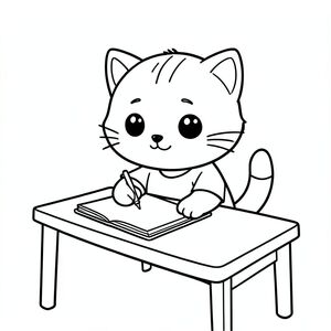 Kawaii baby cat sitting on study table and writing in a simple notebook, focused cute expression, Kawaii baby cat, big round head, tiny body, short legs, small paws, simple cute pose matching activity, large round eyes, small black nose, cute smile, chubby cheeks, 3 small lines on forehead, simple whiskers, small ears with inner detail, smooth tail curved,  wearing simple shirt, thick bold clean outline, same line weight, no color, no shading, no grayscale, no extra detail, large open spaces, simple background, kid friendly style, ages 3 to 6 --ar 2:3