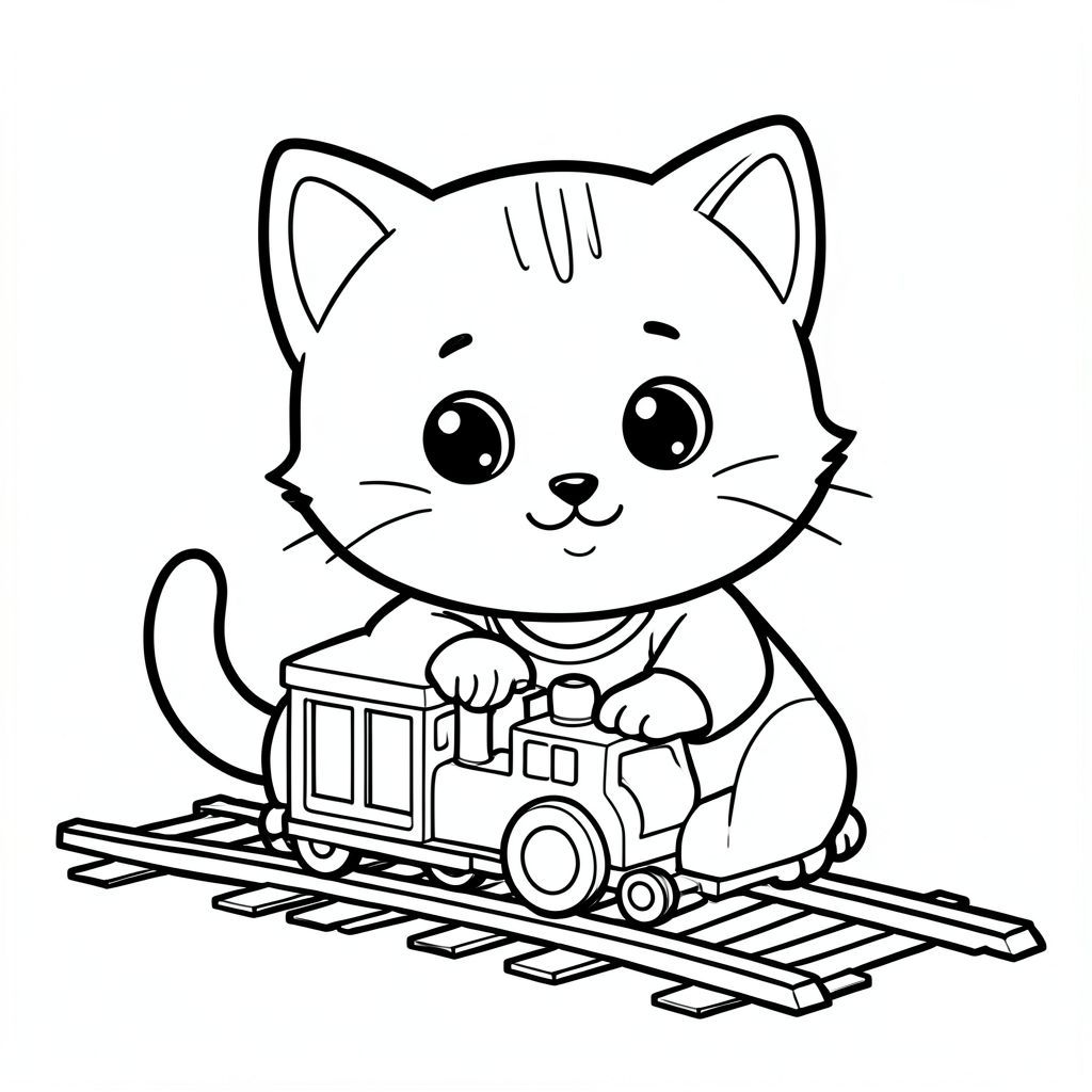 Baby cat placing or watching a simple toy train on tracks, happy expression, Kawaii baby cat, big round head, tiny body, short legs, small paws, simple cute pose matching activity, large round eyes, small black nose, cute smile, chubby cheeks, 3 small lines on forehead, simple whiskers, 
small ears with inner detail, smooth tail curved, wearing simple shirt, thick bold clean outline, same line weight, no color, no shading, no grayscale, no extra detail, large open spaces, simple background, 
kid friendly style, ages 3 to 6 --ar 2:3
