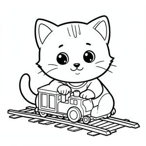 Baby cat placing or watching a simple toy train on tracks, happy expression, Kawaii baby cat, big round head, tiny body, short legs, small paws, simple cute pose matching activity, large round eyes, small black nose, cute smile, chubby cheeks, 3 small lines on forehead, simple whiskers, 
small ears with inner detail, smooth tail curved, wearing simple shirt, thick bold clean outline, same line weight, no color, no shading, no grayscale, no extra detail, large open spaces, simple background, 
kid friendly style, ages 3 to 6 --ar 2:3