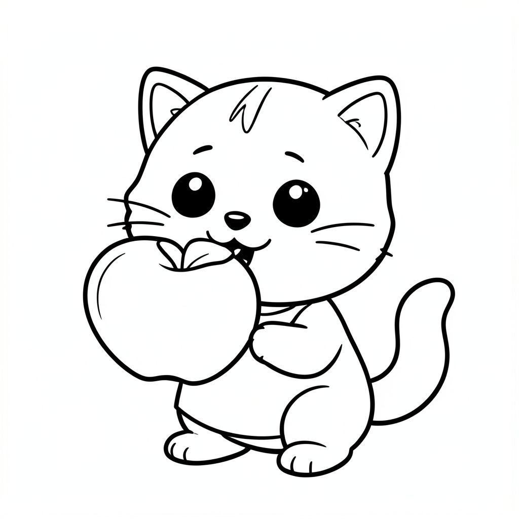 Baby cat eating simple apple, apple must be see eat some portion, Kawaii baby cat, big round head, tiny body, short legs, small paws, simple cute pose matching activity, large round eyes, small black nose, cute smile, chubby cheeks, 3 small lines on forehead, simple whiskers, 
small ears with inner detail, smooth tail curved, wearing simple shirt, thick bold clean outline, same line weight, no color, no shading, no grayscale, no extra detail, large open spaces, simple background, 
kid friendly style, ages 3 to 6 --ar 2:3
