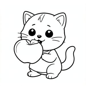 Baby cat eating simple apple, apple must be see eat some portion, Kawaii baby cat, big round head, tiny body, short legs, small paws, simple cute pose matching activity, large round eyes, small black nose, cute smile, chubby cheeks, 3 small lines on forehead, simple whiskers, 
small ears with inner detail, smooth tail curved, wearing simple shirt, thick bold clean outline, same line weight, no color, no shading, no grayscale, no extra detail, large open spaces, simple background, 
kid friendly style, ages 3 to 6 --ar 2:3