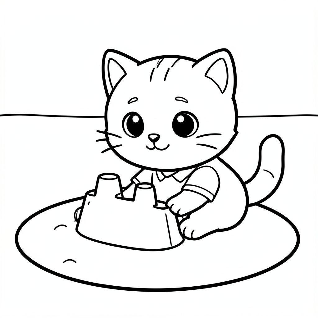 Baby cat playing in sand and building a simple sandcastle, beach elements minimal, Kawaii baby cat, big round head, tiny body, short legs, small paws, simple cute pose matching activity, large round eyes, small black nose, cute smile, chubby cheeks, 3 small lines on forehead, simple whiskers, 
small ears with inner detail, smooth tail curved, wearing simple shirt, thick bold clean outline, same line weight, no color, no shading, no grayscale, no extra detail, large open spaces, simple background, 
kid friendly style, ages 3 to 6 --ar 2:3