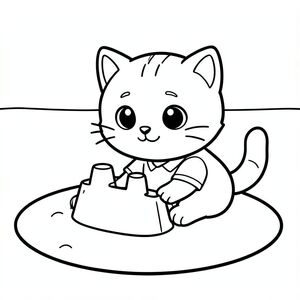 Baby cat playing in sand and building a simple sandcastle, beach elements minimal, Kawaii baby cat, big round head, tiny body, short legs, small paws, simple cute pose matching activity, large round eyes, small black nose, cute smile, chubby cheeks, 3 small lines on forehead, simple whiskers, 
small ears with inner detail, smooth tail curved, wearing simple shirt, thick bold clean outline, same line weight, no color, no shading, no grayscale, no extra detail, large open spaces, simple background, 
kid friendly style, ages 3 to 6 --ar 2:3
